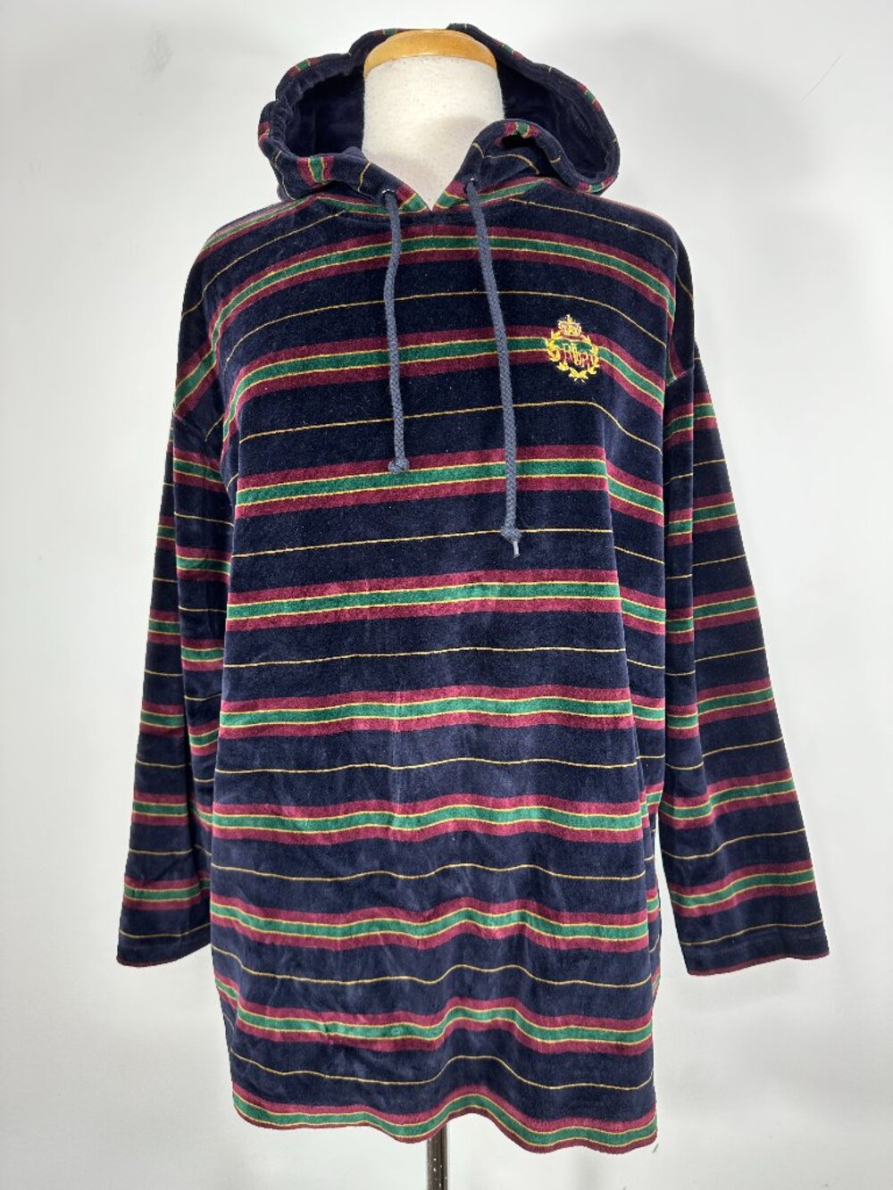 Lauren Ralph Lauren Sz L Velour Velvet Long Sleeve Hoodie Sweatshirt Stripe Vtg